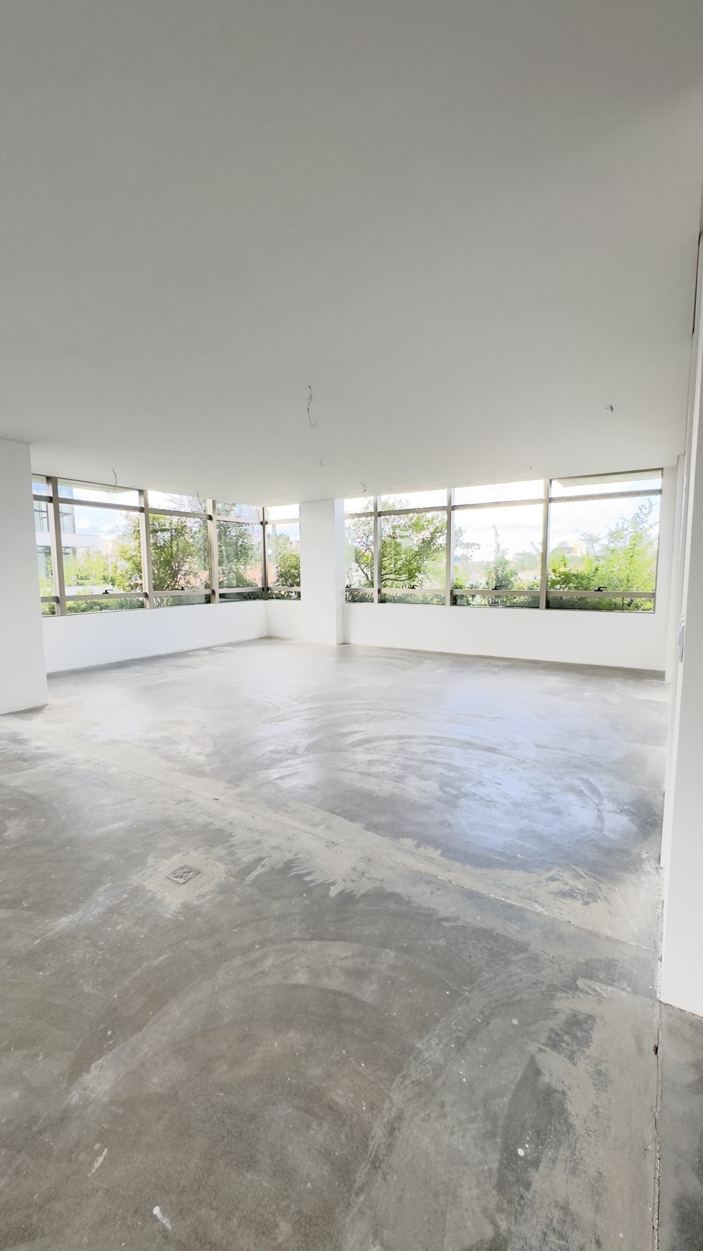 Sala ampla com janelas do piso ao teto voltadas para o verde